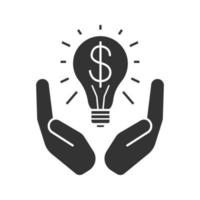 Open palms with light bulb and dollar sign glyph icon. Silhouette symbol. Business idea. Negative space. Vector isolated illustration