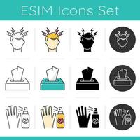 Common cold icons set. Headache. Dispodable wipes. Paper tissues. Antiseptic and antibacterial. Migrane from stress. Flat design, linear, black and color styles. Isolated vector illustrations