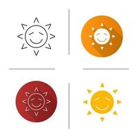 Happy sun smile icon. Flat design, linear and glyph color styles. Smiley with closed eyes. Good mood. Isolated vector illustrations