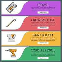 Construction tools web banner templates set. Rectangular notched trowel, crowbar, paint bucket, cordless drill. Website color menu items. Vector headers design concepts