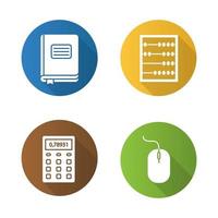 Accounting flat design long shadow glyph icons set. Bookkeeper's journal, abacus, calculator, computer mouse. Vector silhouette illustration