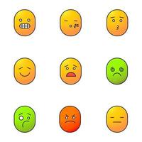 Smiles color icons set. Good and bad mood. Funny, grinning, grimacing, sleepy, kissing, scared, dizzy, upset, neutral, sad faces. Isolated vector illustrations