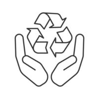 Open palms with recycling sign linear icon. Pollution prevention. Thin line illustration. Contour symbol. Vector isolated outline drawing