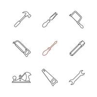 Construction tools linear icons set. Hammer, chisels, hacksaw, fretsaw, hand saw, jack plane, screwdriver, wrench. Thin line contour symbols. Isolated vector outline illustrations