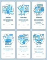 Tipos de impuestos de EE. UU. pantalla de página de aplicación móvil de incorporación azul con conjunto de conceptos lineales. instrucciones gráficas de pasos de tutorial de impuestos sobre ventas, impuestos especiales y donaciones. ux, ui, plantilla de vector de interfaz gráfica de usuario con ilustraciones