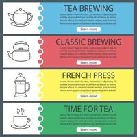 Tea brewing banner templates set. Teapot, kettle, french press, steaming tea cup on plate. Website menu items with linear icons. Color web banner. Vector headers design concepts