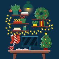 lugar de trabajo navideño con adornos y luces. vector