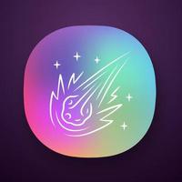 Comet app icon. Falling star. Meteor, asteroid. Bright celestial object. Fireball. Atmospheric meteorite. Star shape. Web or mobile application. Vector isolated illustration