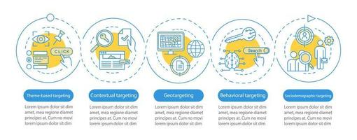 Targeting types vector infographic template. Business presentation design elements. Data visualization with 5 steps and options. Process timeline chart. Workflow layout with linear icons