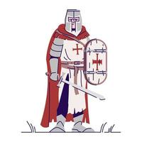 Ilustración de vector plano de caballero templario. luchador medieval con armadura aislado personaje de dibujos animados con elementos de contorno sobre fondo blanco. cruzado de la edad media, espadachín. guerrero de cuento de hadas