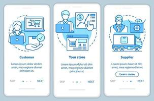 proceso de dropshipping pantalla azul de la página de la aplicación móvil de incorporación con conceptos lineales. cliente, su tienda, proveedor, paso a paso, instrucciones gráficas. ux, ui, plantilla de vector de interfaz gráfica de usuario con ilustraciones