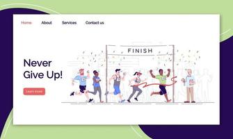 Never give up landing page vector template. Endurance contest website interface idea with flat illustrations. City footrace homepage layout. Marathon finish web banner, webpage cartoon concept