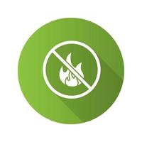 Forbidden sign with fire flat design long shadow glyph icon. No bonfire prohibition. Vector silhouette illustration