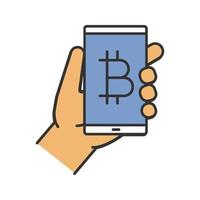 Bitcoin digital wallet color icon. Hand holding smartphone with bitcoin sign. Isolated vector illustration