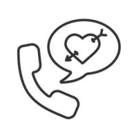 Romantic phone talk linear icon. Thin line illustration. Handset with heart and arrow inside speech bubble. Contour symbol. Vector isolated outline drawing