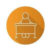 Pupil flat linear long shadow icon. School student sitting at desk. Vector outline symbol