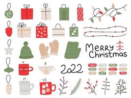 New Year handdrawn set. Lots of elements christmas ball, gifts, garland, cups, decorating branches vector