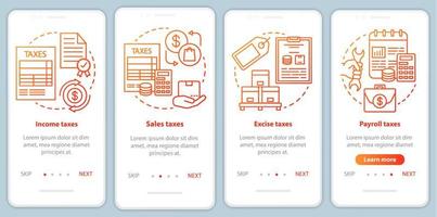 US Taxes types red onboarding mobile app page screen vector template. Income, excise, payroll taxation. Walkthrough website steps with linear illustrations. UX, UI, GUI smartphone interface concept