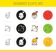 Valentine's Day icons set. Linear, black and color styles. Enamoured boy and girl, Cupid's bow and arrow. Isolated vector illustrations