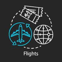 Flights chalk icon. Plane travel. Airplane flying. Tourism and journey. Arrival and departure flights. International airlines, tickets. Aviation routes. Isolated vector chalkboard illustration