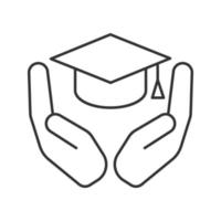 Open palms with graduation cap linear icon. Accessible education. Thin line illustration. Getting diploma. Contour symbol. Vector isolated outline drawing