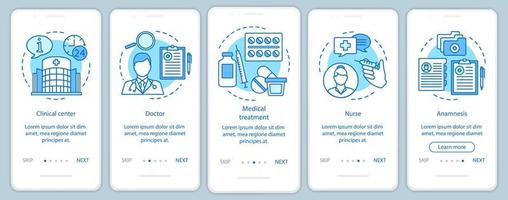 pantalla de la página de la aplicación móvil de incorporación de medicina y atención médica con conceptos lineales. llamar, seleccionar, pagar, recibir, disfrutar. pasos instrucciones gráficas. ux, ui, plantilla de vector de interfaz gráfica de usuario con ilustraciones