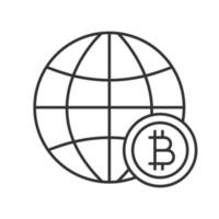 Global bitcoin linear icon. Thin line illustration. Cryptocurrency. Globe with bitcoin sign. Contour symbol. Vector isolated outline drawing