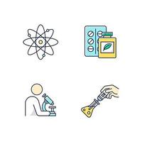 Science development color icons set. Biotechnologies products. Experiment methodology. Working in laboratory. Microbiology scientists. Organic chemistry research. Isolated vector illustrations