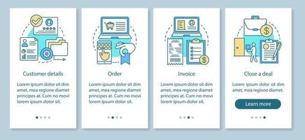 CRM software onboarding mobile app page screen with linear concepts vector