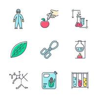 Science development color icons set. Biotechnologies equipment. Experiment methodology. Working in laboratory. Changing nature. Organic chemistry research. Isolated vector illustrations