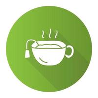 taza de té marrón caliente diseño plano verde icono de glifo de sombra larga. Taza con ilustración de silueta de vector de bebida deliciosa caliente. descanso de la hora del té, símbolo del desayuno. bebida tradicional británica, refresco