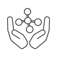 Open palms with molecule linear icon. Chemical engineering. Thin line illustration. Contour symbol. Vector isolated outline drawing