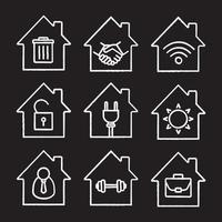 Houses chalk icons set. Freelance, broker, eco electrification, unlocked house, office, sport training at home, real estate deal, wifi signal, trashcan. Isolated vector chalkboard illustrations