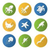 Sea animals flat design long shadow glyph icons set. Swimming octopus, starfish, squid, jellyfish. Marine aquarium. Whale, skate, turtle. Underwater inhabitants. Vector silhouette illustration