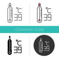 Thermometer icon. High temperature. 39 Celcius. Body heat. Medical device. Common cold symptom. Illness and sickness. Flu, grippe. Flat design, linear and color styles. Isolated vector illustrations