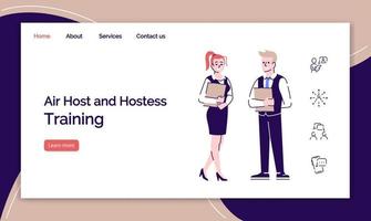 Air hostess and host training landing page vector template. Flight attendant, stewardess service website interface idea with flat illustrations. Homepage layout, web banner, webpage cartoon concept