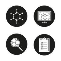 Science laboratory icons set. Molecule, laboratory computer, molecular structure analysis, tests checklist. Vector white silhouettes illustrations in black circles