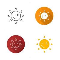 Winking sun smile icon. Flat design, linear and glyph color styles. Happy and funny sun face. Isolated vector illustrations