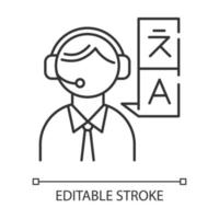 Translation services linear icon. Translation agency worker. Consecutive interpretation. Translator. Thin line illustration. Contour symbol. Vector isolated outline drawing. Editable stroke