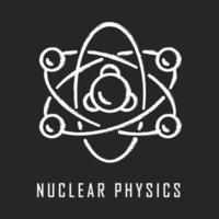 Nuclear physics chalk icon. Atomic structure model. Electrons, neutrons and protons. Subatomic molecular particles. Atom core elements. Nuclear matter and power Isolated vector chalkboard illustration