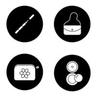 Cosmetics glyph icons set. Eyeliner, purse, cosmetic bag, rouge. Vector white silhouettes illustrations in black circles