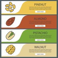 Nuts types web banner templates set. Pinenut, almond, pistachio, walnut. Website color menu items. Vector headers design concepts