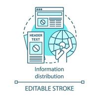 Information distribution concept icon. Nonviolent resistance, propaganda idea thin line illustration. Activist with megaphone, flyers and online news vector isolated outline drawing. Editable stroke