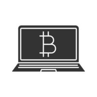 Bitcoin digital wallet glyph icon. Silhouette symbol. Laptop with bitcoin sign. Negative space. Vector isolated illustration