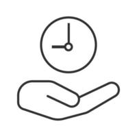 Open hand with clock linear icon. Thin line illustration. Time management. Contour symbol. Vector isolated outline drawing