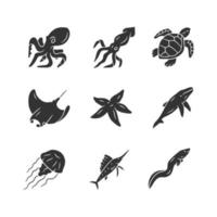 Sea animals glyph icons set. Swimming octopus, starfish, jellyfish. Marine aquarium. Whale, skate, turtle. Underwater inhabitants. Floating fish. Silhouette symbols. Vector isolated illustration