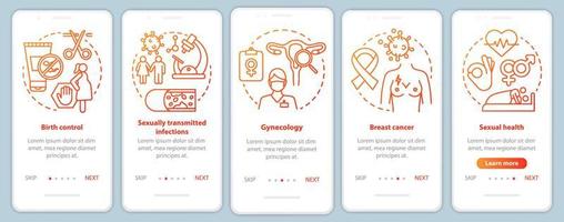 Women healthcare red onboarding mobile app page screen vector template. Birth control, breast cancer, sexual health. Walkthrough website steps with linear icons. UX, UI, GUI smartphone interface