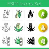 Aloe vera icons set. Lotion in tube with aloe vera. Cosmetic with medicinal herbs. Natural cosmetic in bottle and jar. Linear, black and RGB color styles. Isolated vector illustrations