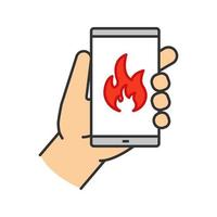 Fire emergency calling color icon. Hand holding smartphone with flame. Isolated vector illustration