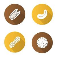 Nuts flat design long shadow glyph icons set. Cashew and pecan nuts, peanut, nutmeg. Vector silhouette illustration